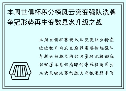 本周世俱杯积分榜风云突变强队洗牌争冠形势再生变数悬念升级之战